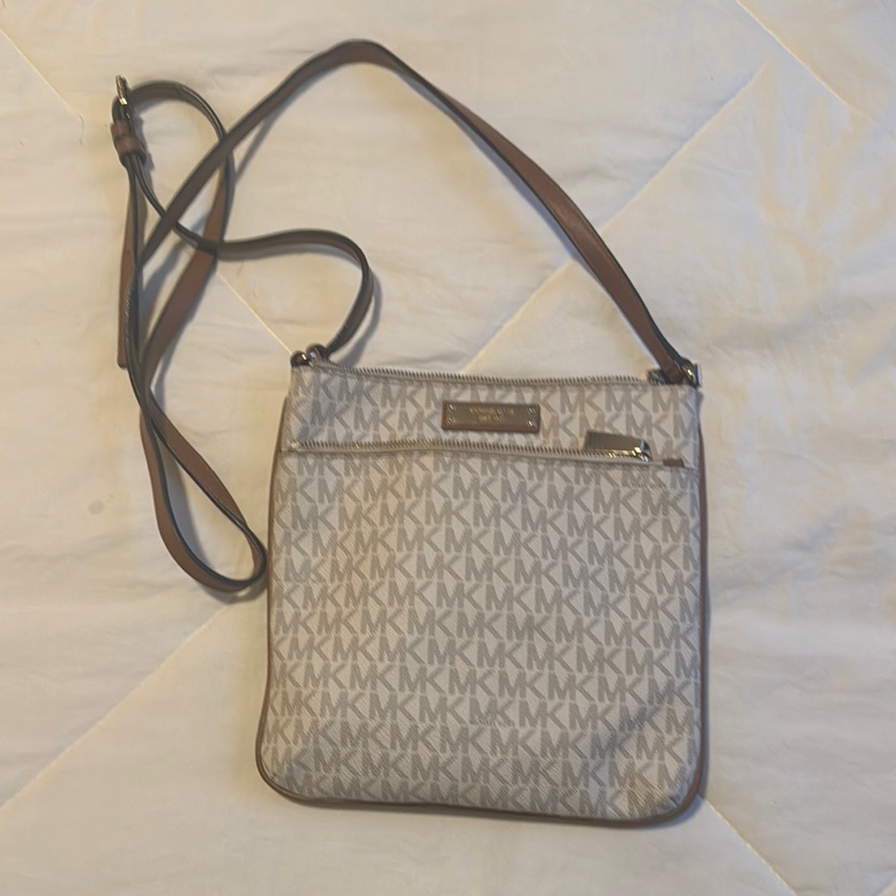 Michael Kors Brown and Cream Crossbody Bag with Monogram Print
